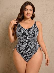 SHEIN Swim Curve 1 pieza Traje de baño de una sola pieza para mujer talla grande, con textura monocroma y rayas onduladas, para uso diario y vacaciones de verano