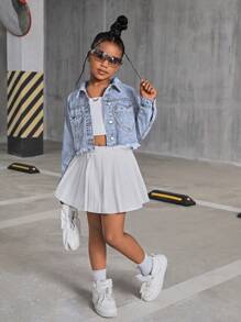 SHEIN Tween Girls Y2K Fashion Heart Rhinestone Pocket Raw Hem Crop Denim Jeans Jacket, Girls Fall Clothes Back To School Outfits