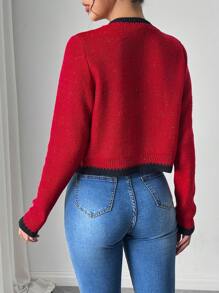 Chiquease European And American New Autumn/Winter Fashion Blogger Style Colorful Dot Contrast Trim V-Neck Tie Bow Knit Red Cardigan Sweater
