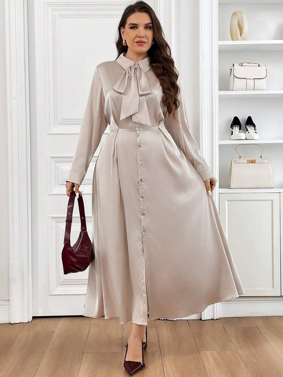 SHEIN Frenchy Plus Size Modest Dresses Casual Gold Minimalist Dress, Suitable For Daily Wear - Apricot - View 1