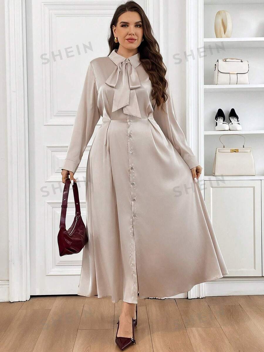 SHEIN Frenchy Vestidos casuales modestos de talla grande, vestido minimalista dorado, apto para uso diario - Albaricoque - Ver 1