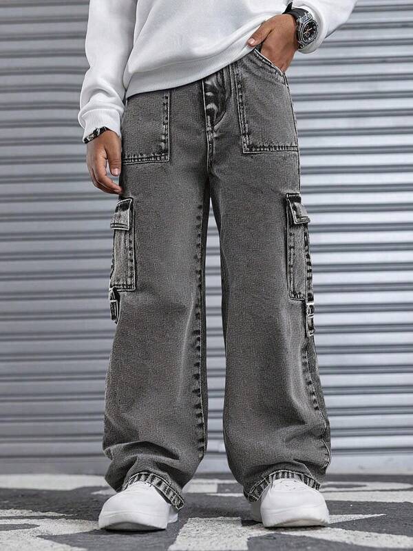 SHEIN Older Boys Elastic Waist Vintage Street Fashion Multi-Pocket Side D-Ring Decoration Black Denim Cargo Pants