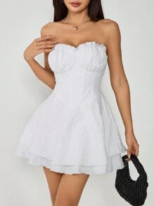 SHEIN PETITE Váy mini không dây màu trơn dành cho nữ, thường ngày & ngày lễ - trắng - Xem 7
