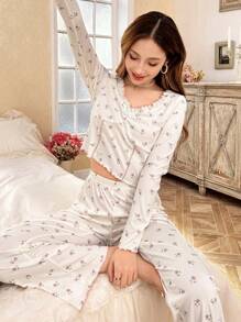 CottageSlumber 2 件套女士碎花睡衣套装（含 V 领上衣和长裤） - 彩色 - 查看 4