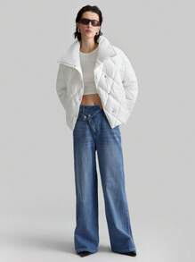 Ontre 女装 2025 春季新品 V 领绗缝加厚外套，白色钻石图案，休闲外套，适合情人节 - 白色 - 查看 2