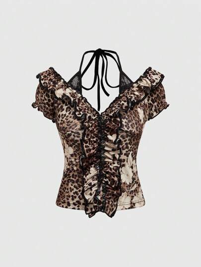 Hippie Vintage Floral Leopard Print Ruffle Hem 2 In 1 Women T-Shirt