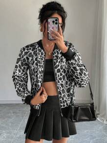 Chiquease Women Zip Pockets Hemline Ribbed Bomber Jacket Fall Cloth For Women - Grey - View 1