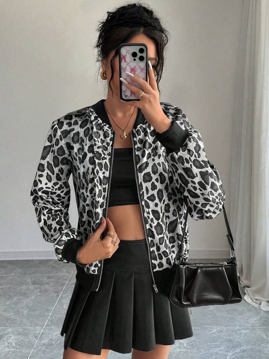 Chiquease Women Zip Pockets Hemline Ribbed Bomber Jacket Fall Cloth For Women - Grey - View 1