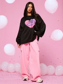 Manfinity VCAY 2pcs/Set Unisex Heart Pattern Knitted Loose Dropped Shoulder Crew Neck Long Sleeve Sweatshirt And Zip-Up Casual Pants, For Fall Winter - Multicolor - View 4