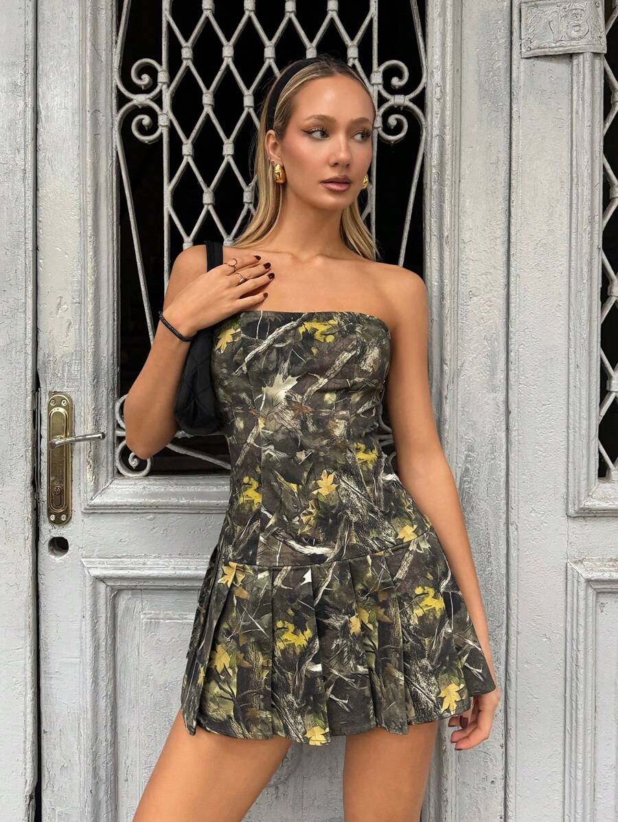 SHEIN EZwear Women's New Fallen Leaf Printed Strapless Dress - Army Green - View 1