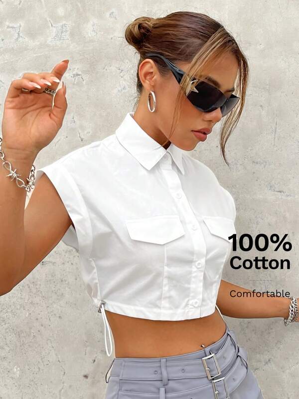 SHEIN ICON Camisa blanca corta con detalle de solapa y cordón en el lateral