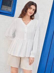 EMERY ROSE Women's Solid Color Button Front Long Sleeve Pleated Simple Casual Shirt - White - View 7