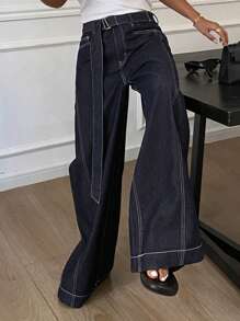 DAZY Quần Jeans Ống Rộng Rộng Có Thắt Lưng Họa Tiết Khâu Màu Tương Phản Dành Cho Nữ - Màu xanh lam - Xem 5