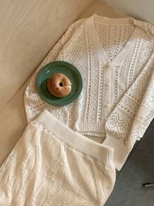 FRIFUL 2pcs Women's Set: Solid Color Button-Front Long Sleeve Hollow Minimalist Blouse And Skirt