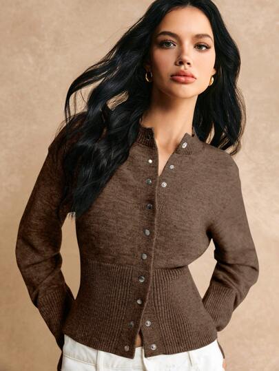 Poéselle Short Slim Front Button Solid Color Long Sleeve Simple Casual Knit Cardigan,Sweater,Short Women's Sweater,Women's Sweaters,Knit Sweaters,Winter Women's Clothing,Fall Women's Clothing,Knitted Sweater