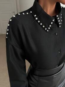 EURMUSE RHINESTONE DETAILED BLACK BLOUSE ELEGANT - Black - View 1