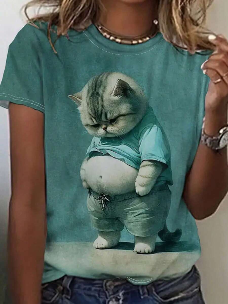 INAWLY Áo thun tay ngắn cổ tròn in hình mèo buồn kỹ thuật số vừa vặn cho nữ Áo thun họa tiết cho nữ - Nhiều màu - Xem 1