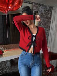 Chiquease European And American New Autumn/Winter Fashion Blogger Style Colorful Dot Contrast Trim V-Neck Tie Bow Knit Red Cardigan Sweater
