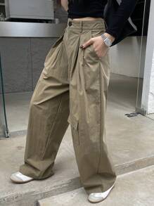 DAZY Women's Straight Leg Utility Style Cargo Pants With Large Pockets - Khaki - View 1