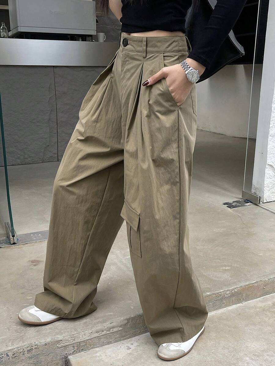 DAZY Women's Straight Leg Utility Style Cargo Pants With Large Pockets - Khaki - View 1