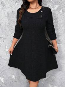 SHEIN LUNE Plus Size Solid Color Round Neck Long Sleeve Button Casual Short Dress - Black - View 1