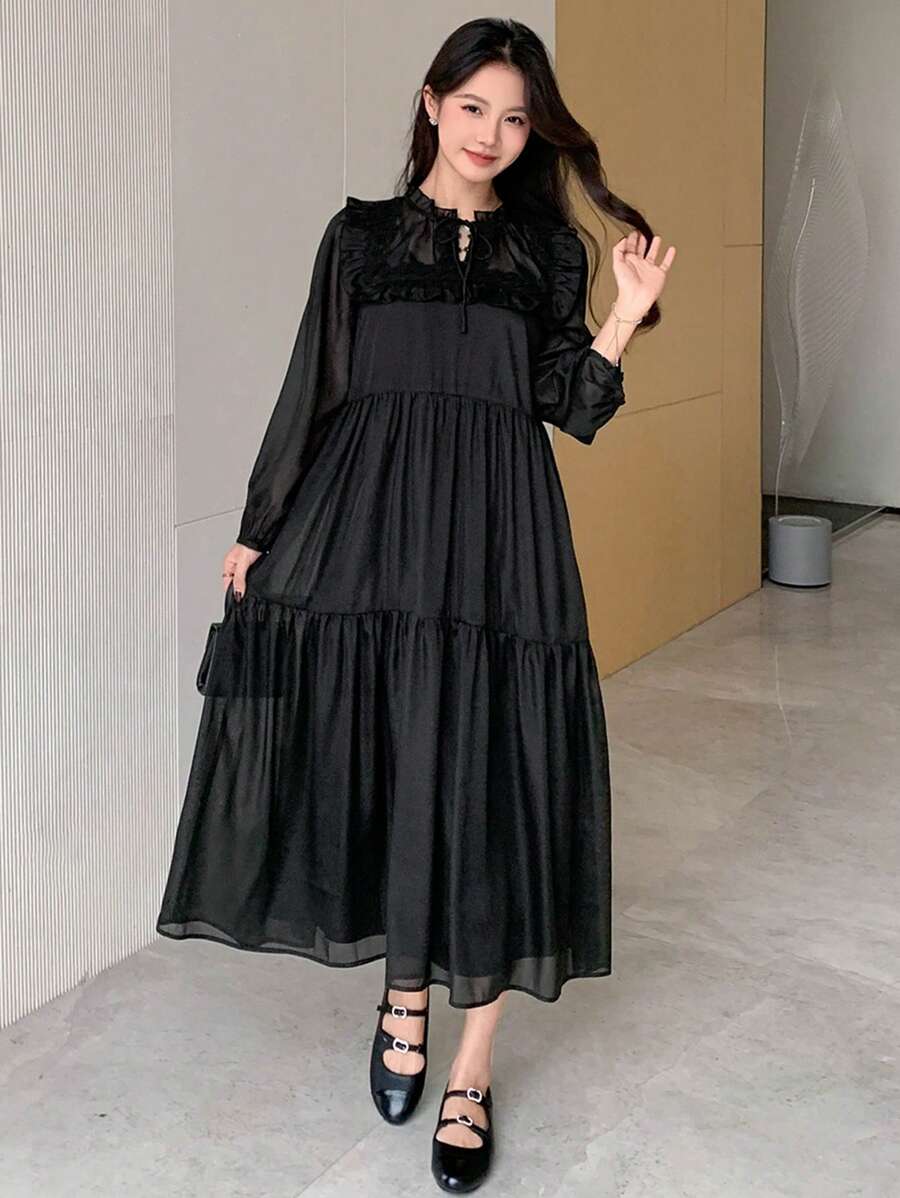 DAZY 女士优雅中长款衬衫式连衣裙，春秋季长袖连衣裙 - 黑色 - 查看 1