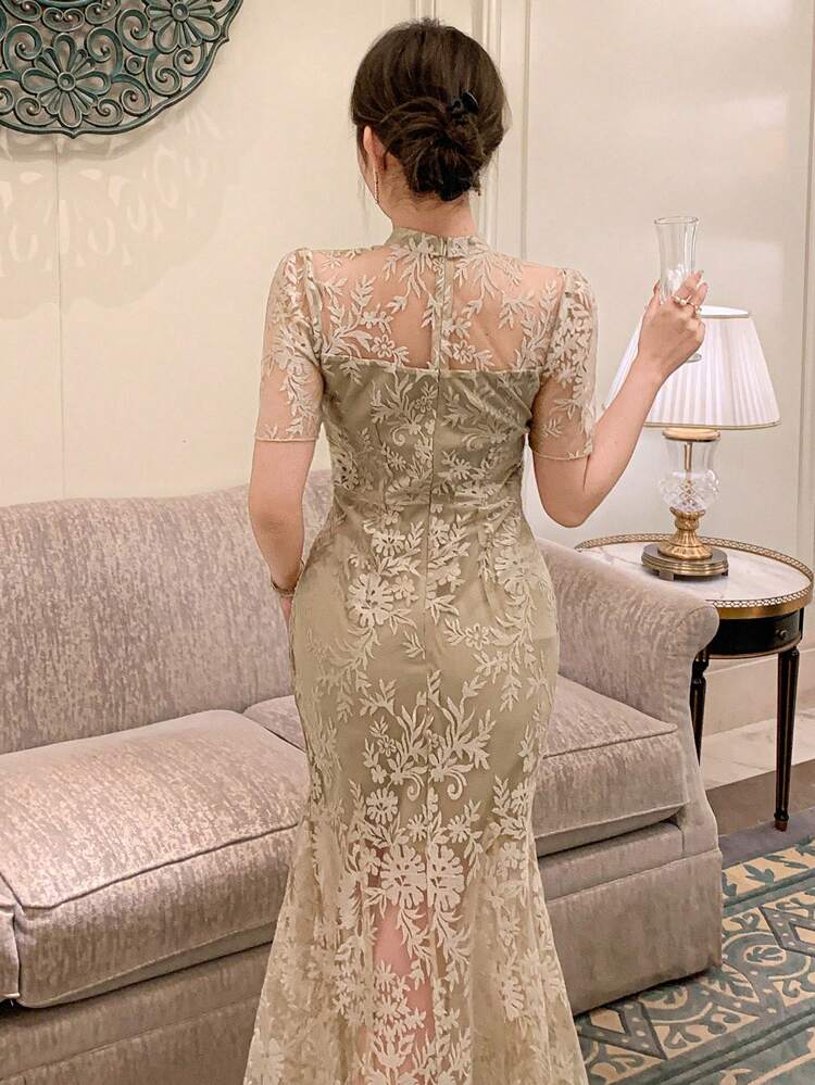 Elegant Floral Lace-Up V-Neck Fishtail Midi Dress For Women, Summer Prom Dress Boho Elegant Sundress,Formal Women Dresses