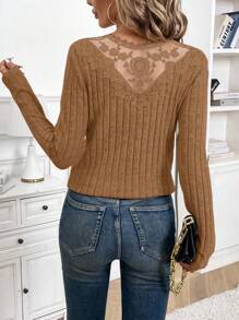 SHEIN Frenchy 女士纯色蕾丝拼布长袖休闲衬衫，日常穿着 - 卡其色 - 查看 3