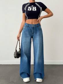 SHEIN Cottnline LOW WAIST WIDELEG RAW EDGE DETAIL AND CUTLINE ON SIDE SEAM - Medium Wash - View 4
