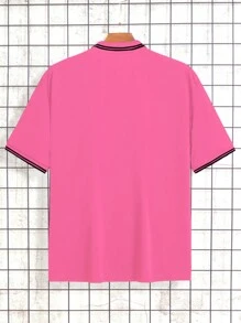 Manfinity Dauomo Men's Solid Color Patchwork Front Button Casual Polo Shirt, Short Sleeve