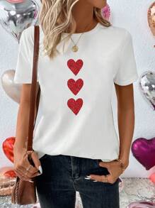 SHEIN LUNE Casual Oversized Heart Sequin Sparkle Round Neck Short Sleeve Women T-Shirt, Suitable For Summer,Valentine's Day - White - View 3