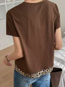 DAZY Leopard Print Patchwork Round Neck Casual T-Shirt For Women - Brown - View 3