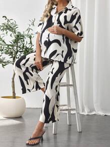 SHEIN Maternity Shoulder Drop Buttoned Shirt With Adjustable Waist Pants Casual Set