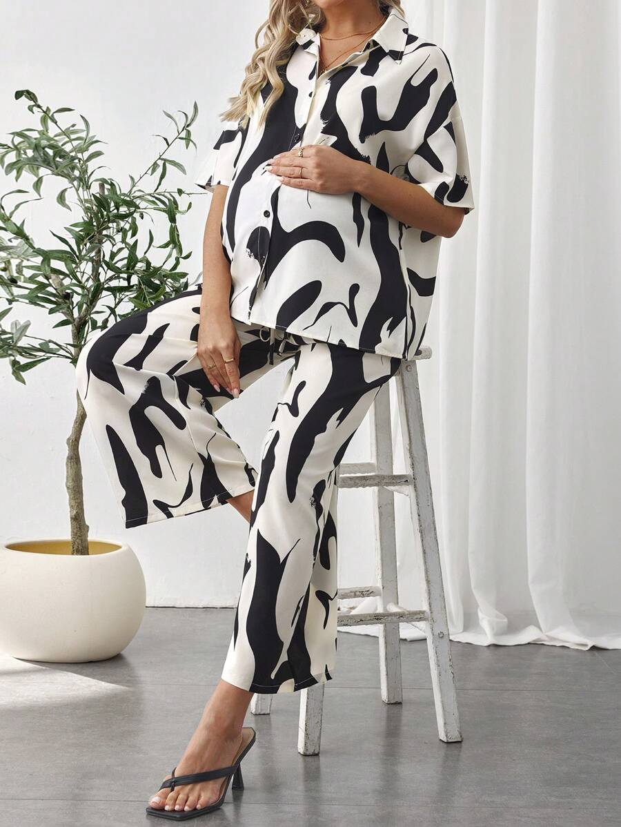 SHEIN Maternity Shoulder Drop Buttoned Shirt With Adjustable Waist Pants Casual Set