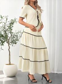 SHEIN Maternity Wave Pattern Tie Front Short Sleeve Blouse And Midi Skirt Fashion Set - Apricot - View 3