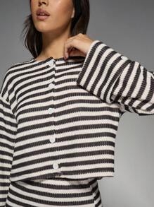 MISSGUIDED 针织条纹长喇叭袖纽扣圆领上衣和迷你裙两件套
