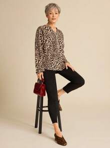 SHEIN LUNE 女士 V 领豹纹长袖休闲衬衫 - 彩色 - 查看 2