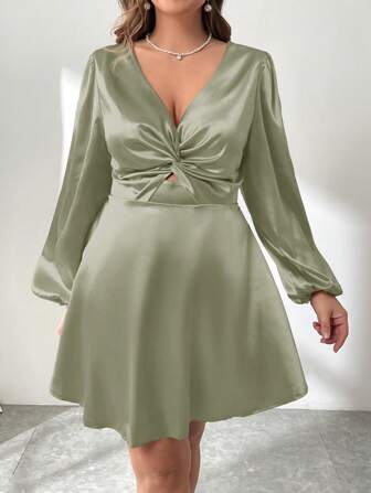 SHEIN Privé 大码女式纯色扭胸灯笼袖优雅连衣裙