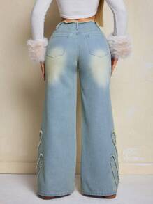 SHEIN SXY Jeans casual a gamba larga con design a frange e tasche, vestibilità morbida per le donne