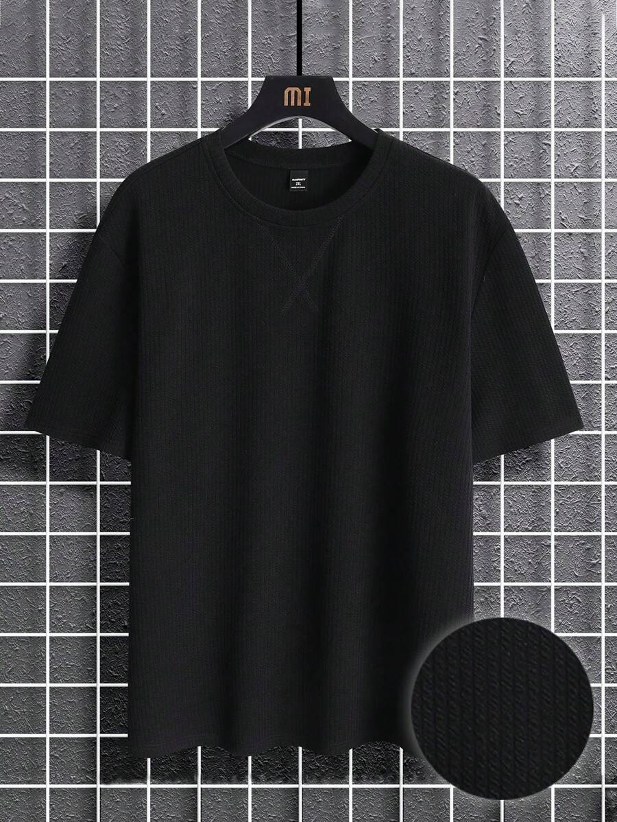 Manfinity Homme Plus Size Men's Solid Color Crew Neck Short Sleeve Casual T-Shirt - Black - View 1