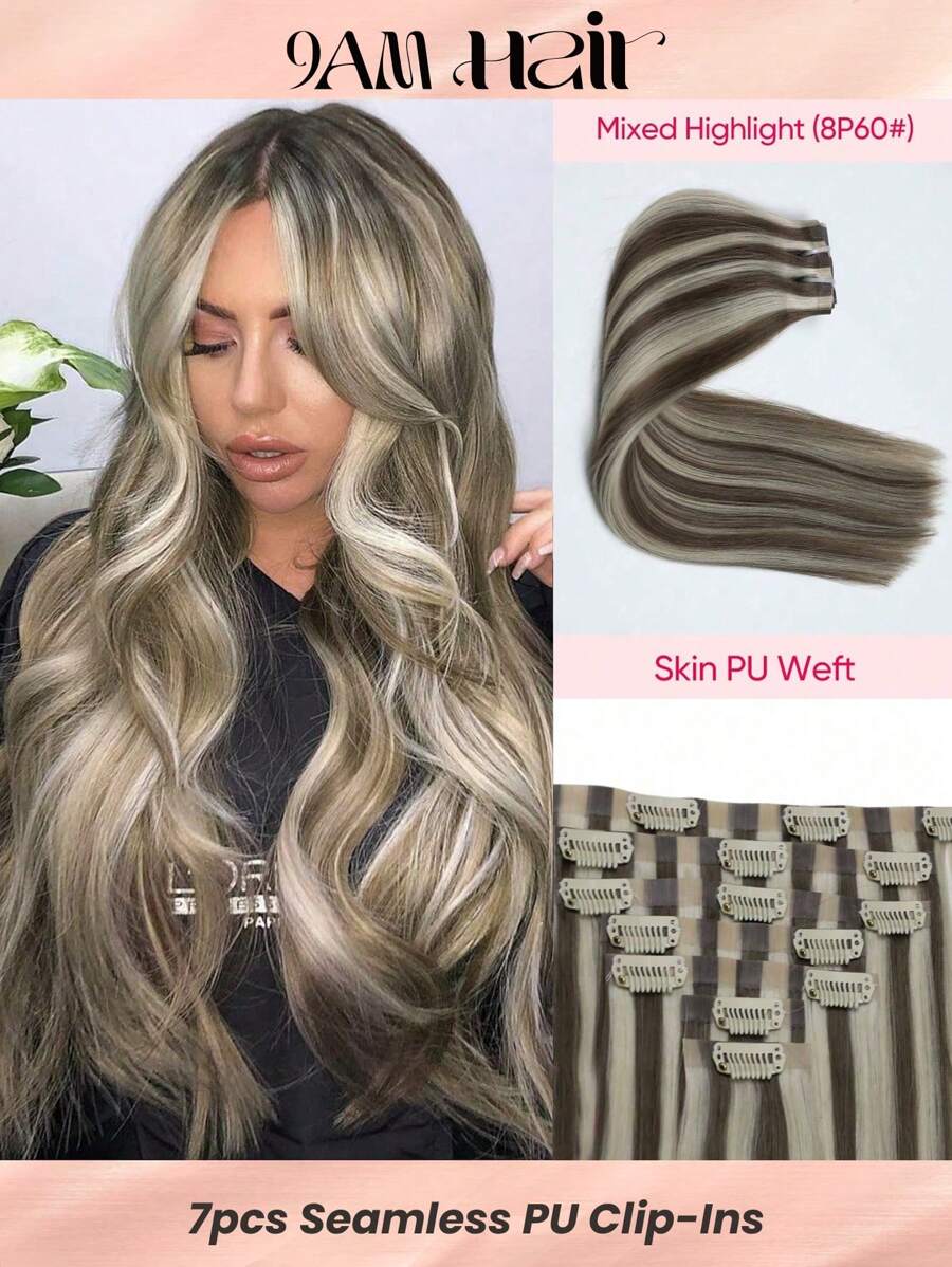115g Tóc giả thẳng mượt màu nâu tro pha trộn màu vàng be bạch kim highlight 8/60# PU liền mạch 7 chiếc kẹp tóc giả kẹp tóc giả - S8/613 - Xem 1