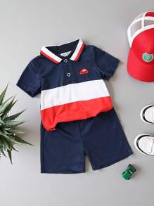 SHEIN Bộ 2 món cho bé trai: Áo thun polo thêu họa tiết ô tô hoạt hình và quần short lưng thun co giãn màu trơn, trang phục thường ngày cho mùa xuân/hè - Nhiều màu - Xem 3