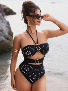 Swim SXY 女士黑色激光切割网眼连体泳衣，性感露背设计，适合海滩 - 黑色 - 查看 3