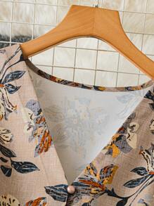 SHEIN LUNE 花卉印花 V 领 A 字形修身长袖中长连衣裙，大码波西米亚女牛仔装老钱节波西米亚西部服饰女士嬉皮士夏季波西米亚老钱夏季女士春假狂欢装节日春假装 - 杏色 - 查看 3