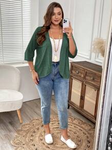 EMERY ROSE Plus Size Vacation Outfits Woman Women Cardigans Solid Color Asymmetric Hem Casual Resort CostumeJacket Winter Fall Autumn - Dark Green - View 5
