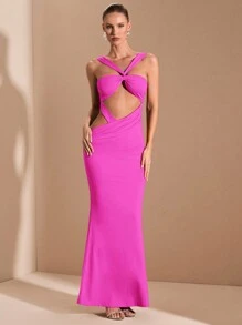 SHEIN BAE Solid Red Knitted Sexy Elegant Minimalist Lace-Up Hollow Tube Top Design Long Dress, Suitable For Graduation Ceremony, Formal Occasions, Cocktail Party, Romantic Date, Autumn/Winter Underdress, Party, Clubbing, Wedding Bridesmaid Dress, Nightout, Halloween, Christmas - Hot Pink - View 3