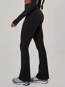 Musera Sport 罗纹高腰喇叭运动裤，适合瑜伽、普拉提、板式网球、网球、匹克球等运动，秋冬季健身房穿着 - 黑色 - 查看 2