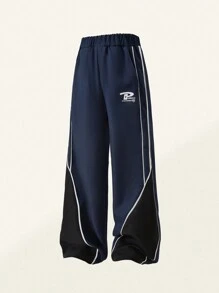 SHEIN Explorewe 1 条男童美式休闲时尚拼布设计运动裤，夏季新品 - 藏蓝色 - 查看 6