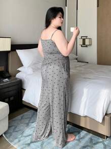 Dazy Plus Plus Size Cherry Blossom All Over Print Camisole & Pajama Pants 2 Pieces Set, All Seasons - Grey - View 2