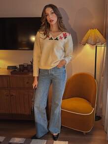 SHEIN Unity 女士手工刺绣花卉V领套头毛衣，秋冬休闲针织衫 - 杏色 - 查看 3